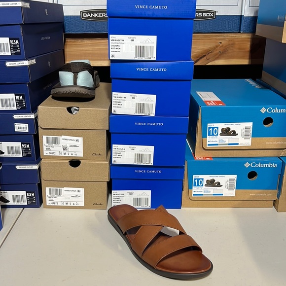 Vince Camuto Men’s COGNAC Waely Criss Cross Leather Upper Slide Sandal NEW NIB - Picture 3 of 16